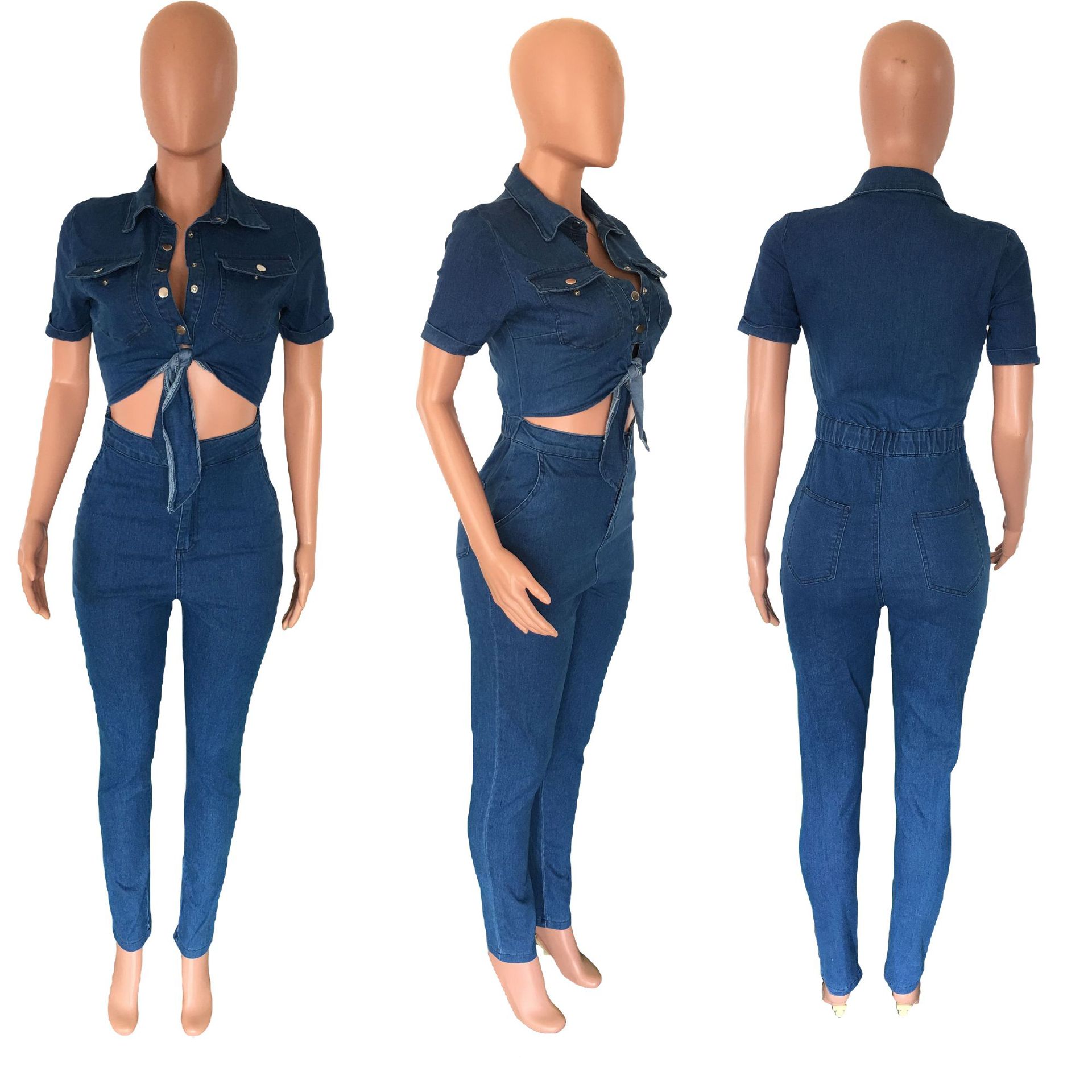 Sexy slim fitting fashion short sleeved denim jumpsuit