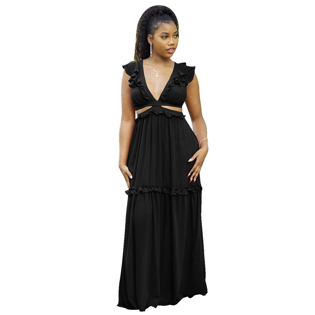 Plus size dress Amazon Quality Dress Sexy Deep V Lace up Wooden Ear Ruffled Vest Dress