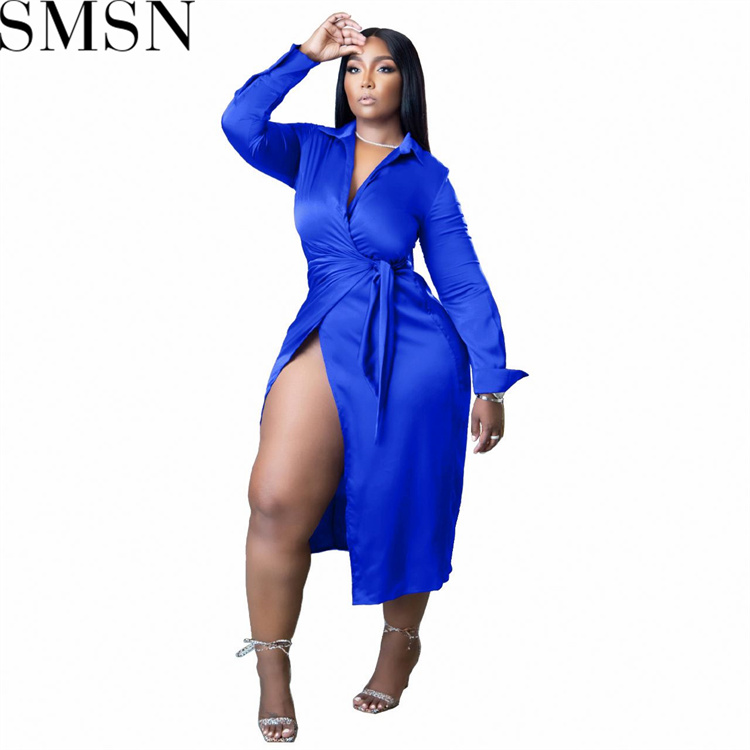 Plus Size Dress Amazon new autumn and winter blouse collar stretch satin wrap dress