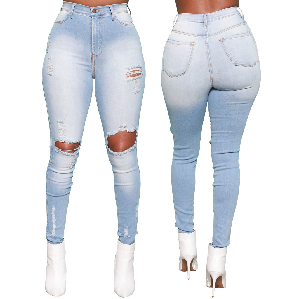Hole washing slim elastic denim Leggings