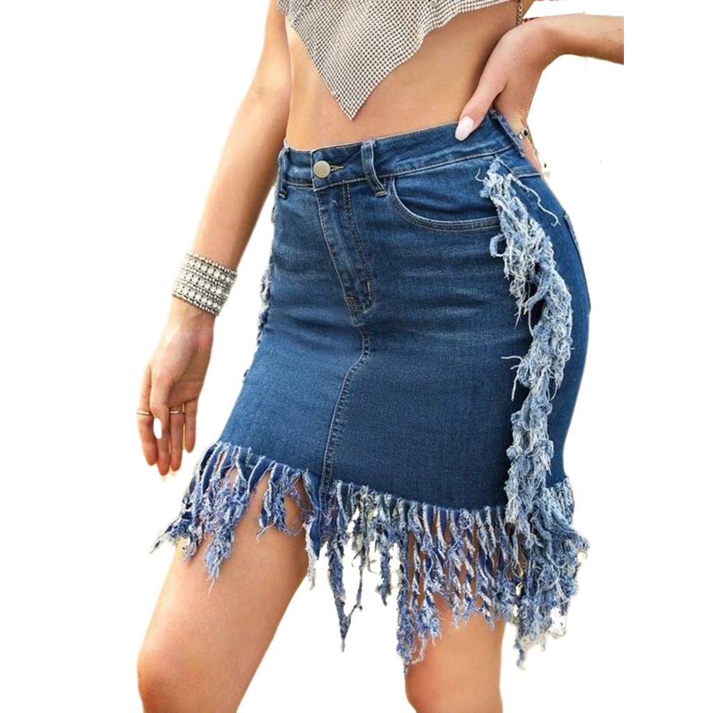 Sexy water wash denim tassel high waist skirt