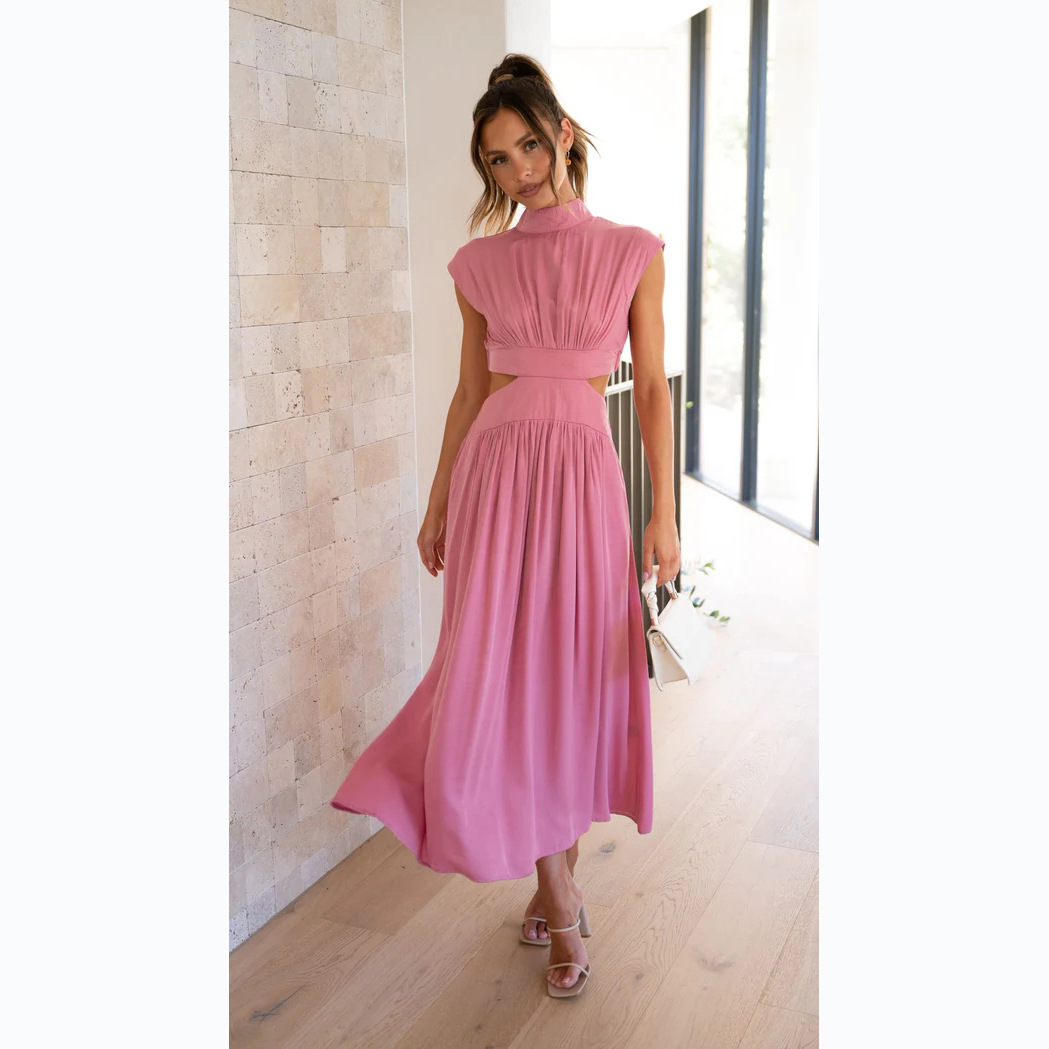 Fashionable Street Stand Collar Solid Color Open Waist Long Dress