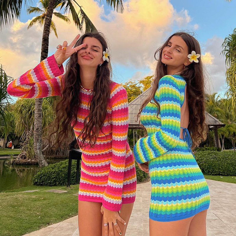 Lace Up Hollowed Out Candy Colored Long Sleeved Dress