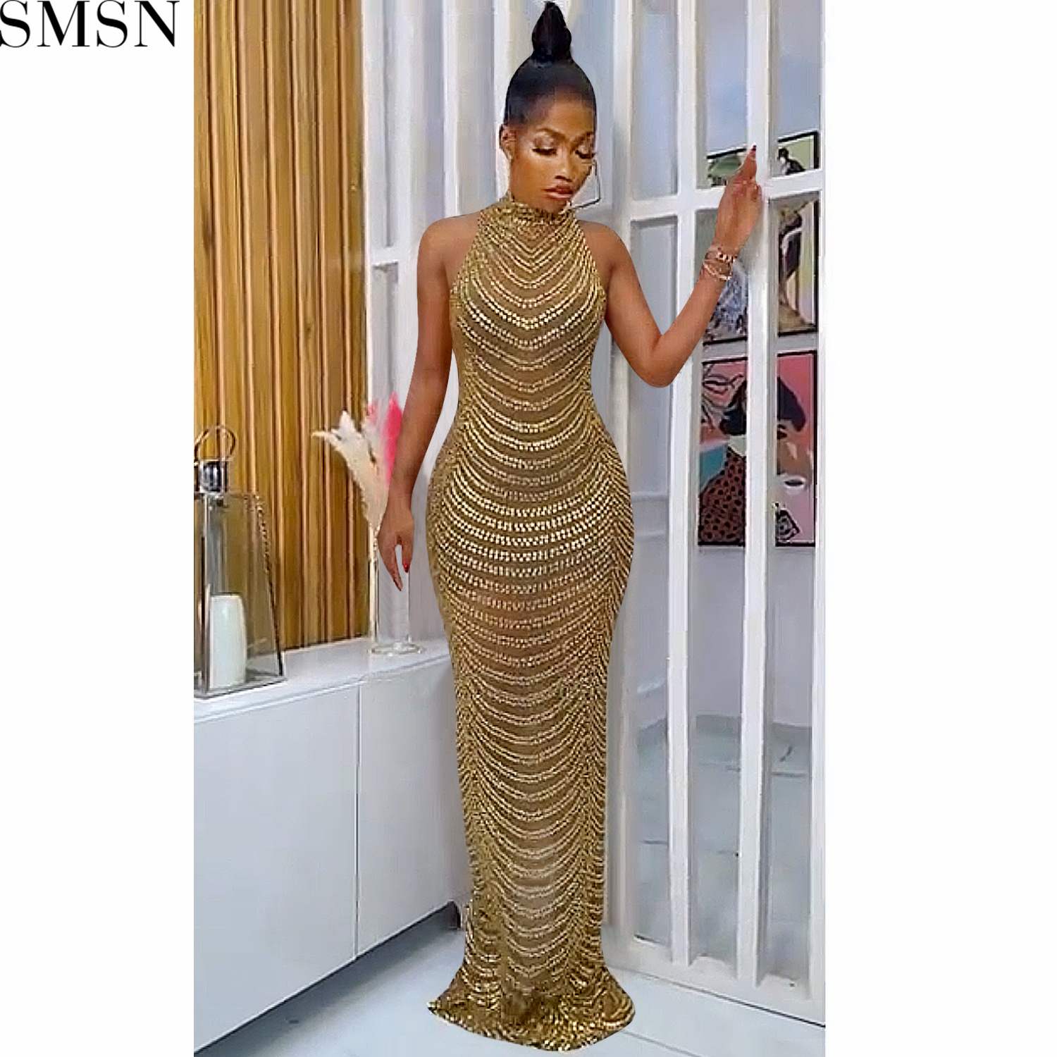 Fashion women dress sexy backless nightclub party formal dress rhinestone see-through dress for women