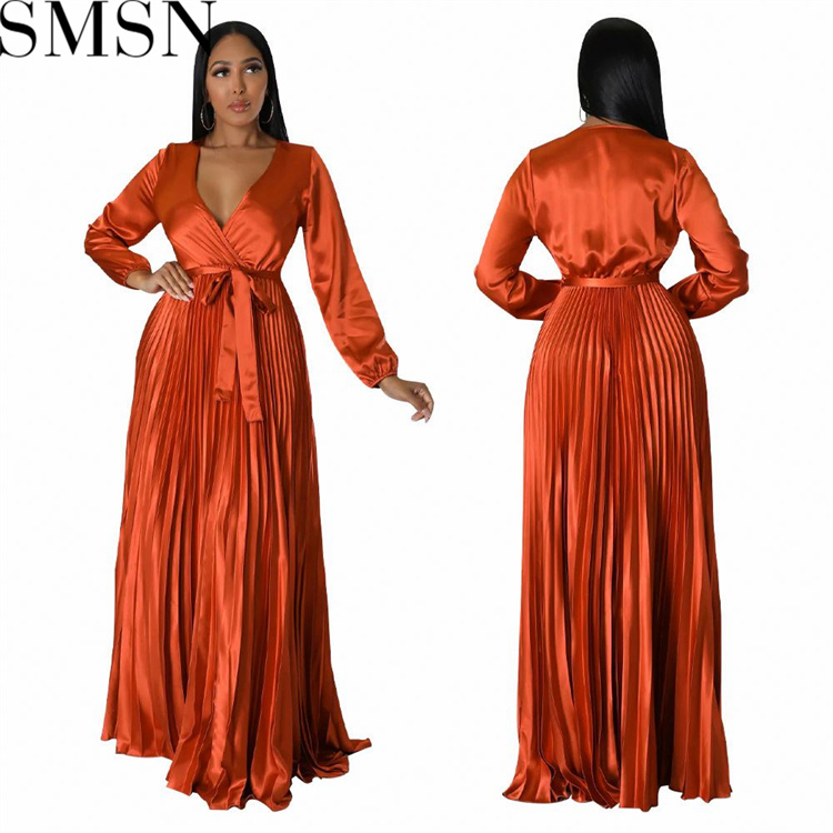Plus Size Dress Europe and America cross border Amazon fall V neck lantern sleeve pleated dress