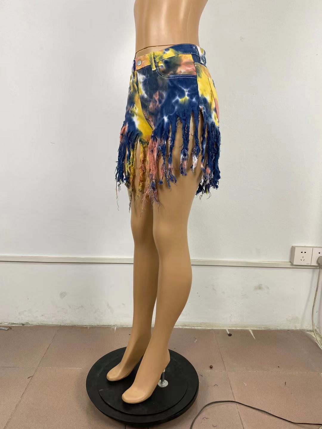 Tie dyed denim shorts with tassels