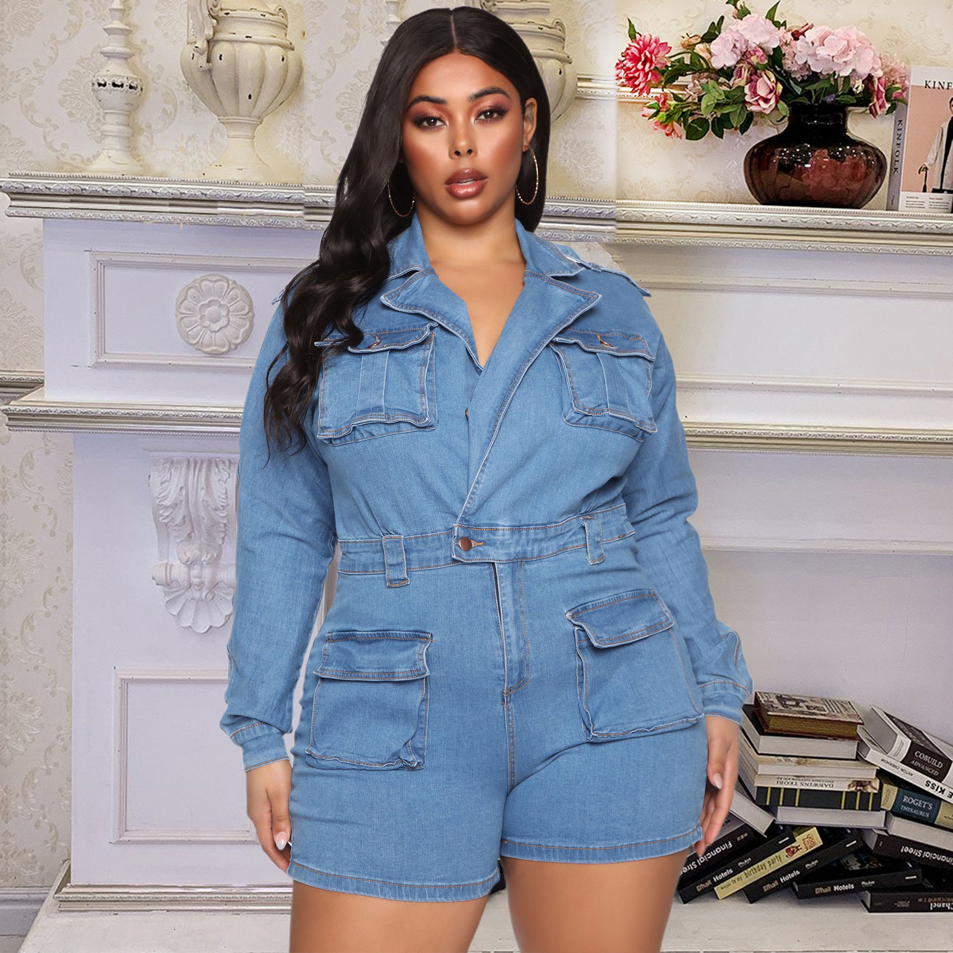 Washed casual denim one-piece shorts