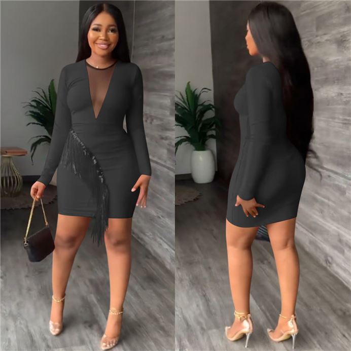Boutique clothing 2022 mesh long sleeve classic dresses tassel sexy night dress