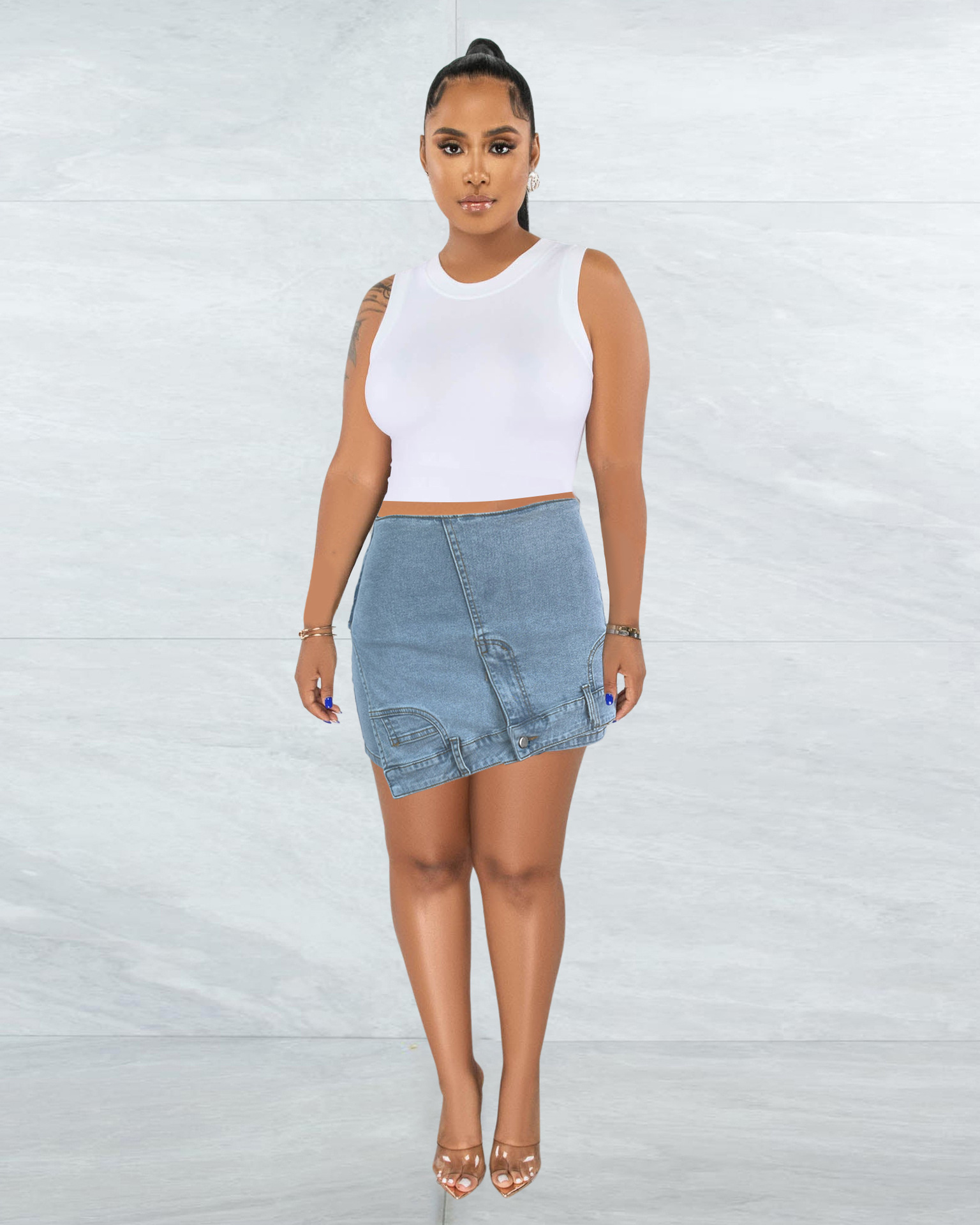 Women's Washed Street Irregular High Waist Elastic Denim Skirt