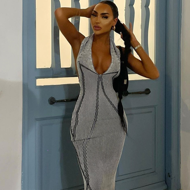 Sexy V-Neck Lace Up Slim Fitting Printed Open Back Dress