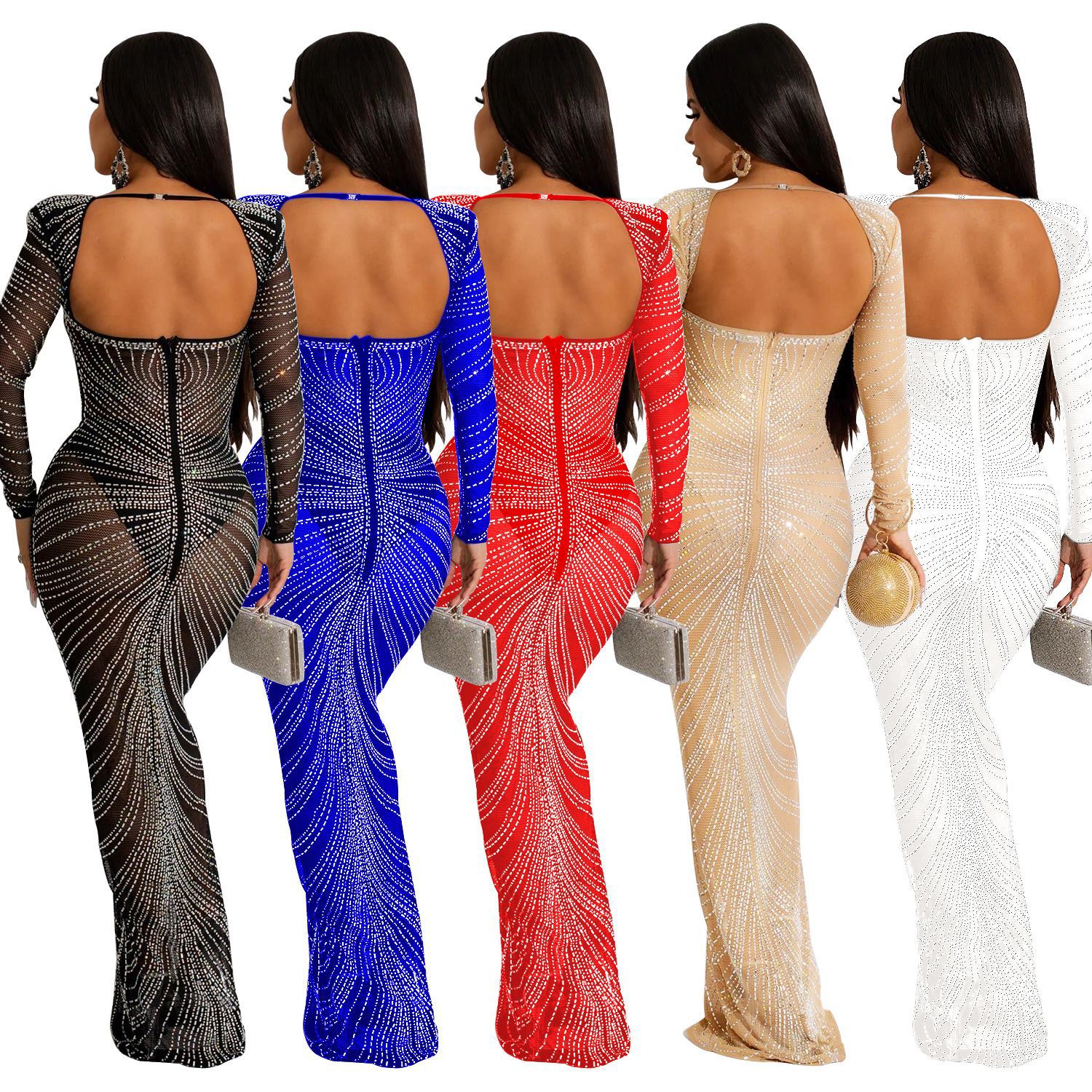 Women'S Hot Diamond Mesh Long Sleeved Long Skirt Dress