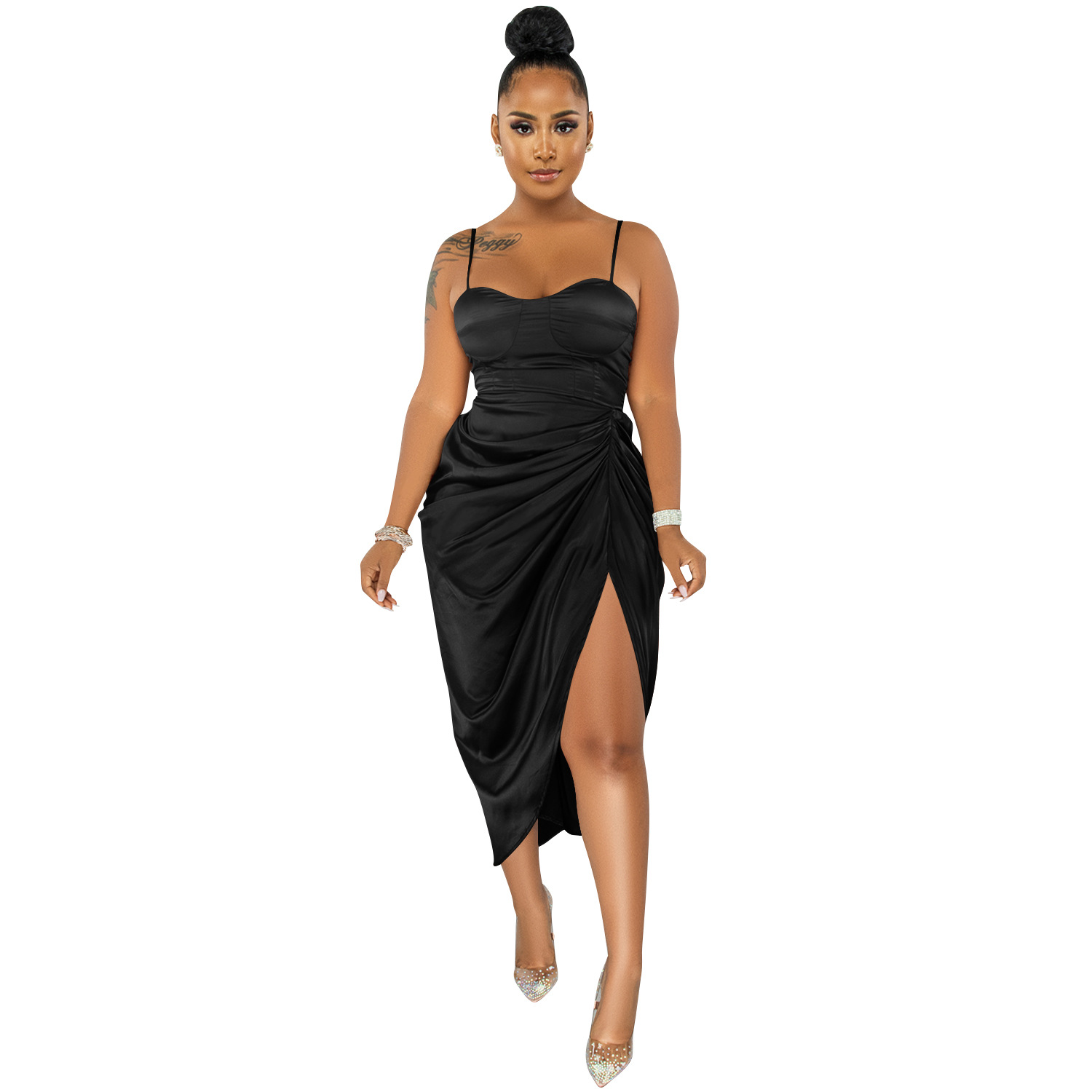 Evening Dresses 2022 Fashion solid color women sexy spaghetti straps chest wrap crimp split dress