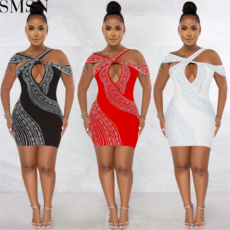 Prom Dresses 2022 fashion sexy nightclub hot rhinestone hollow midi dress