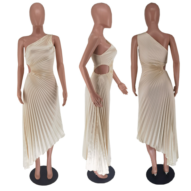 Single Shoulder Pleated Hollow Out Dress(Satin)
