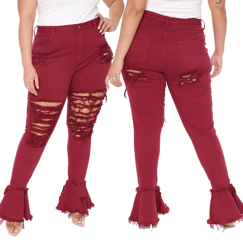 Fashion hole stitching micro flared pants