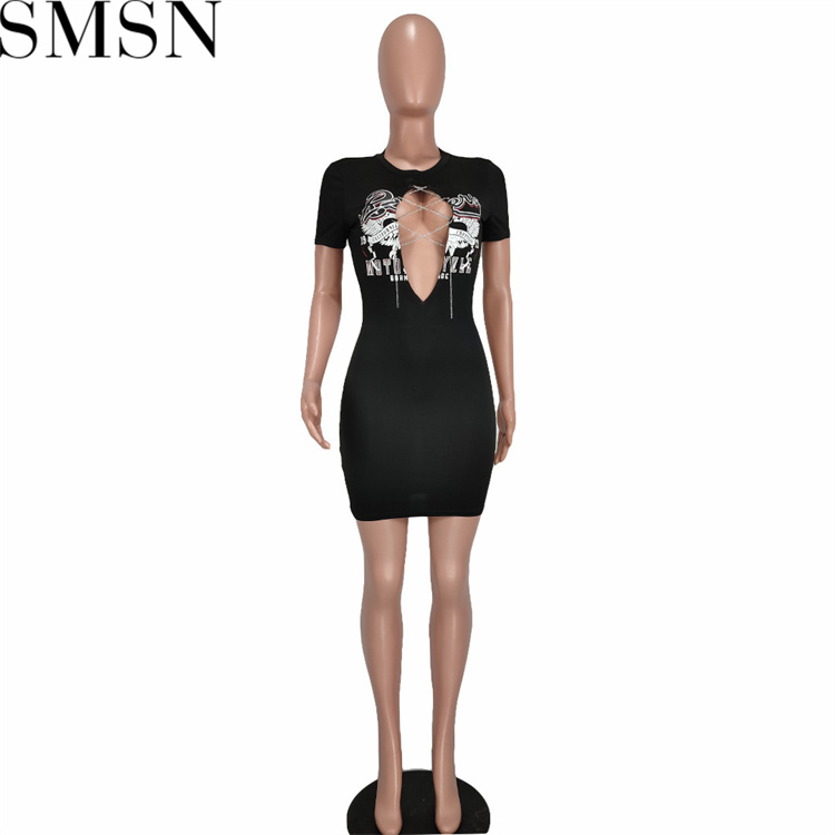 Casual Dress Circular collar careful machine chain cross hollow print dress