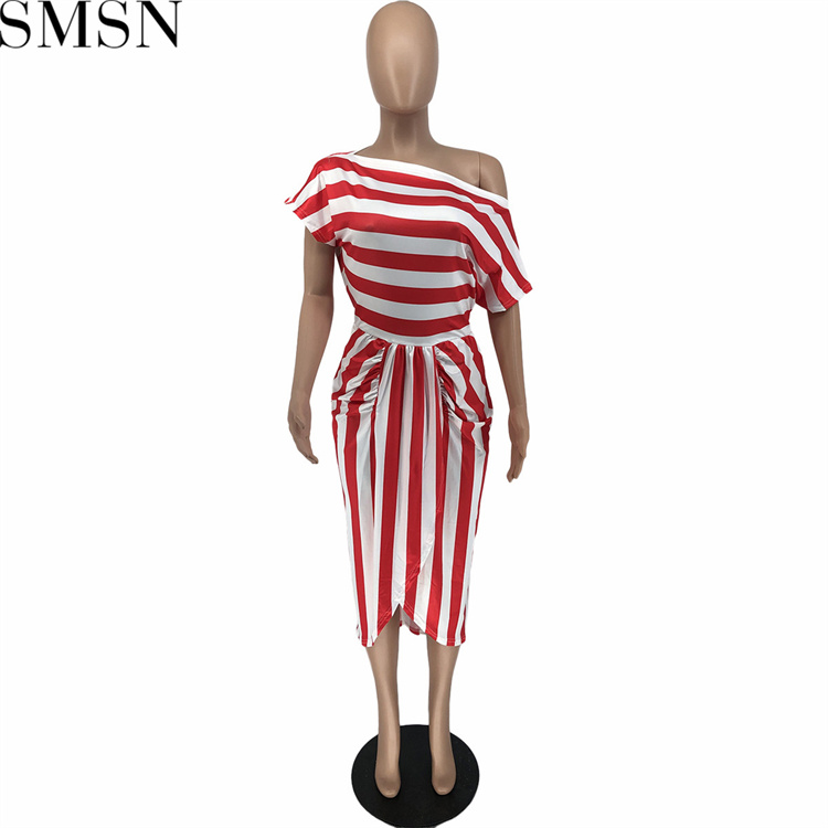 Plus Size Dress Europe and America women clothing off shoulder striped fashion slim dress