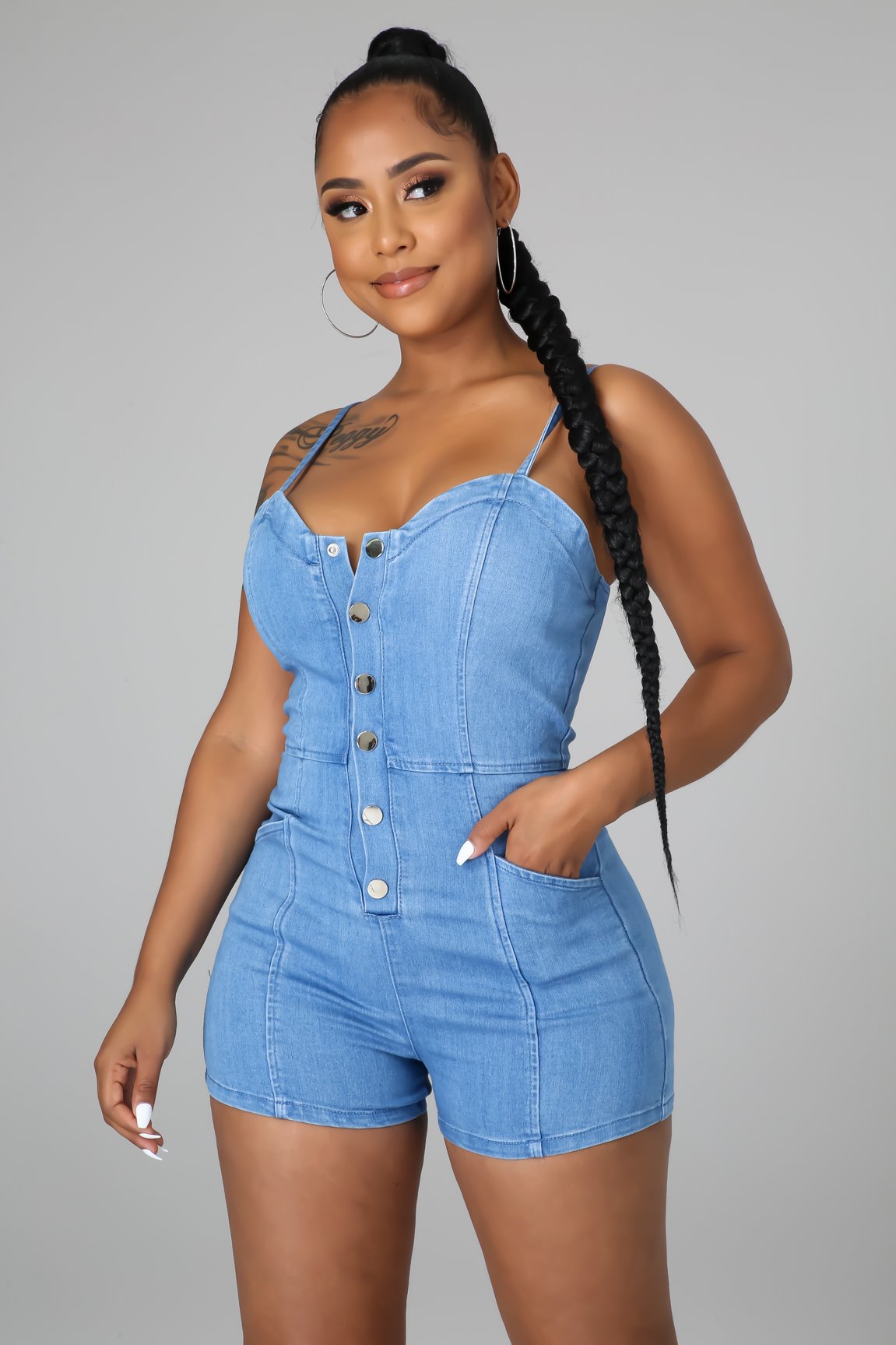 Casual high elastic denim suspender Jumpsuit