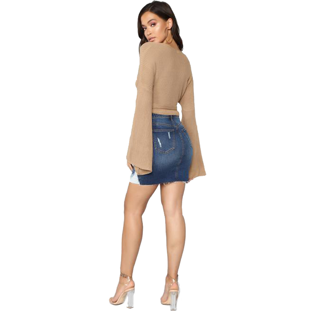 Fashion denim skirt with holes and buttocks