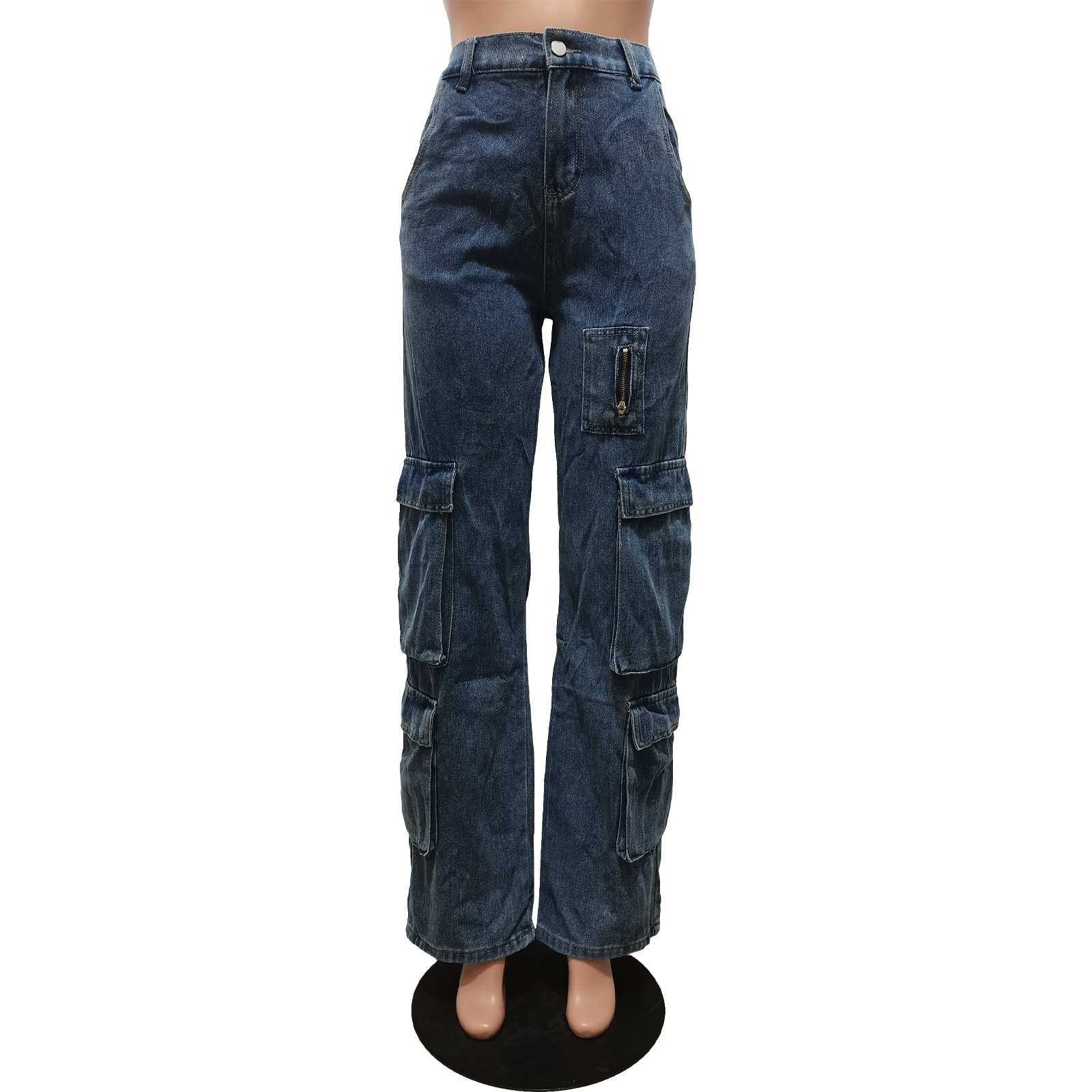 Fashionable water washing work bag zipper casual elastic waist denim pants
