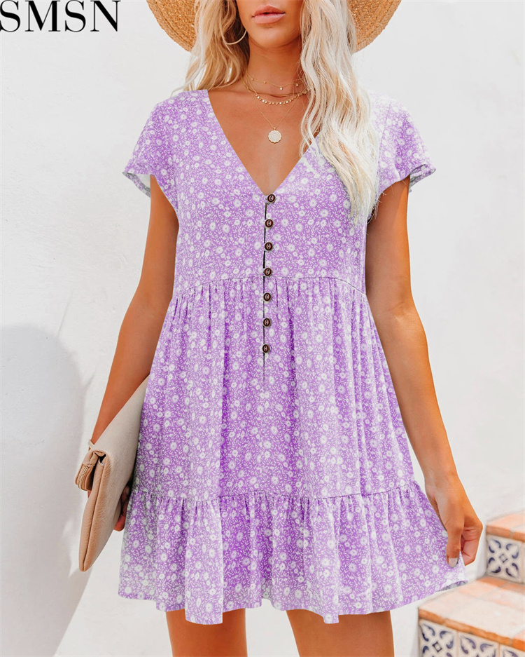 Spring and summer V-neck buttons small floral short sleeve loose casual dress women's clothing plus size casual dress
