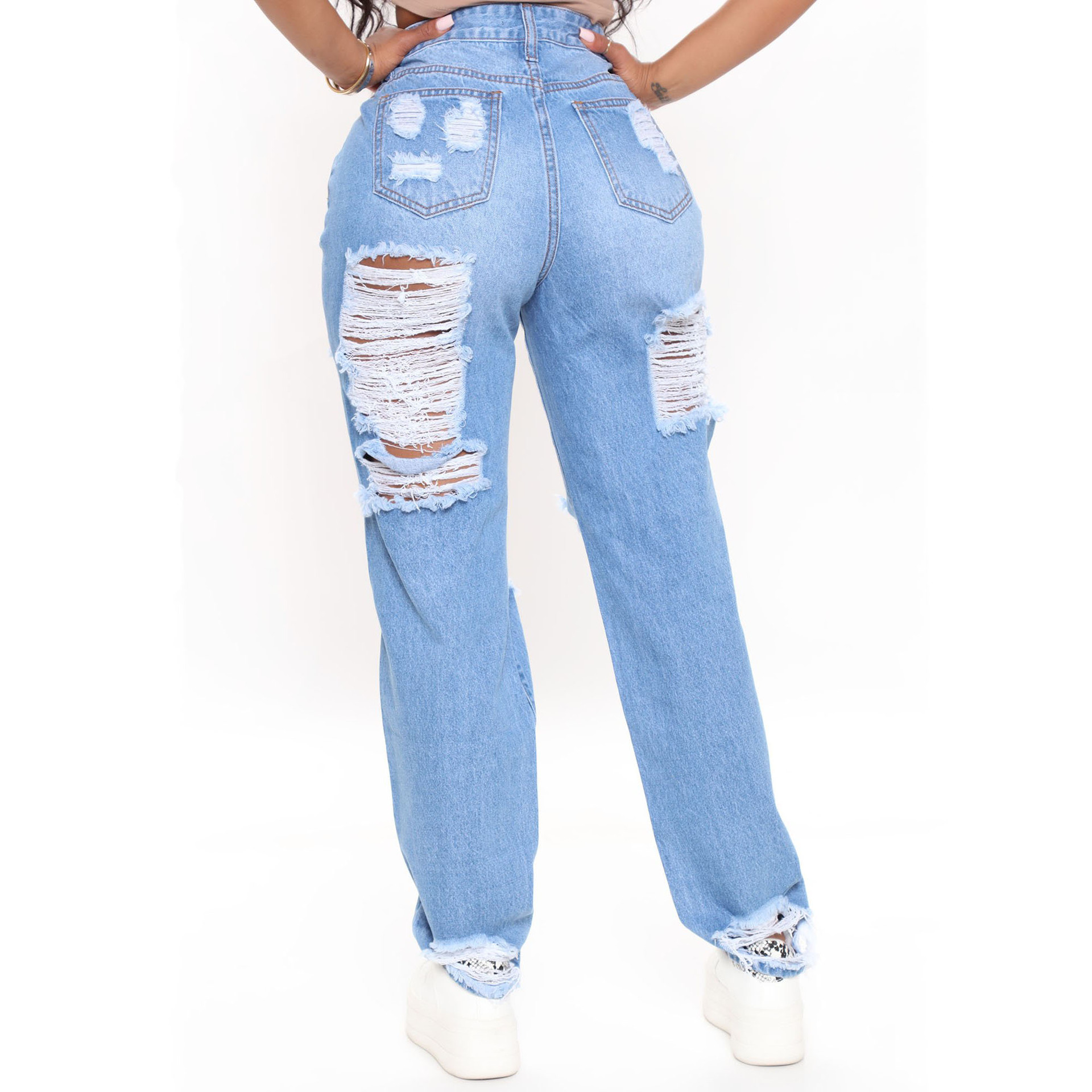 Casual loose High Waist Wide Leg Jeans with holes