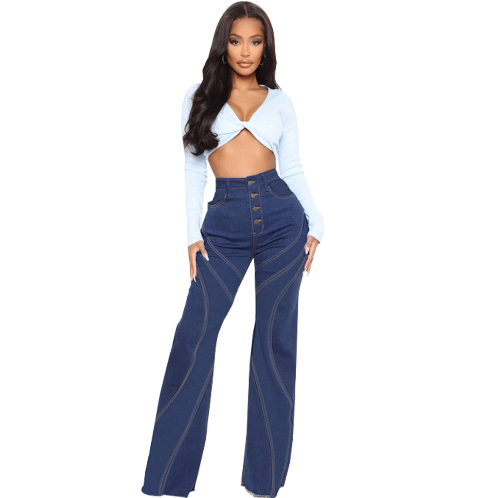Patchwork denim elastic slim flare pants