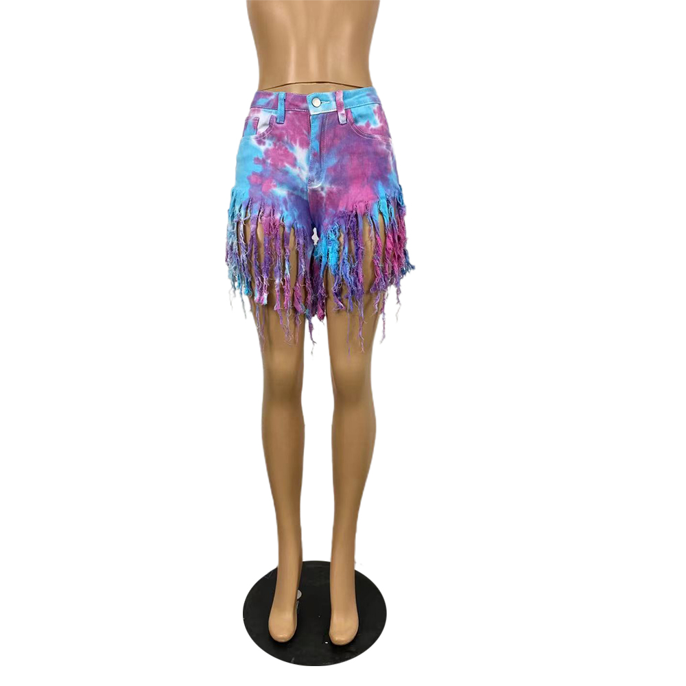 Tie dyed denim shorts with tassels