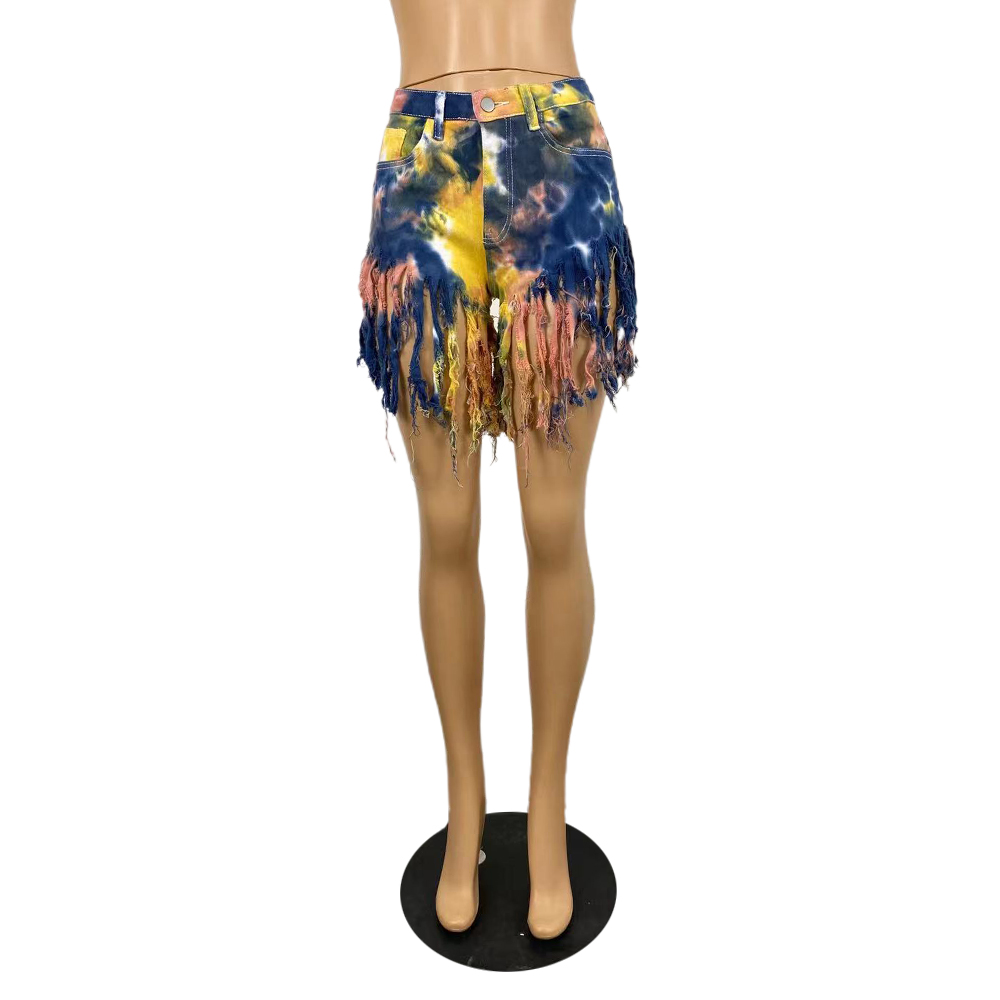 Tie dyed denim shorts with tassels