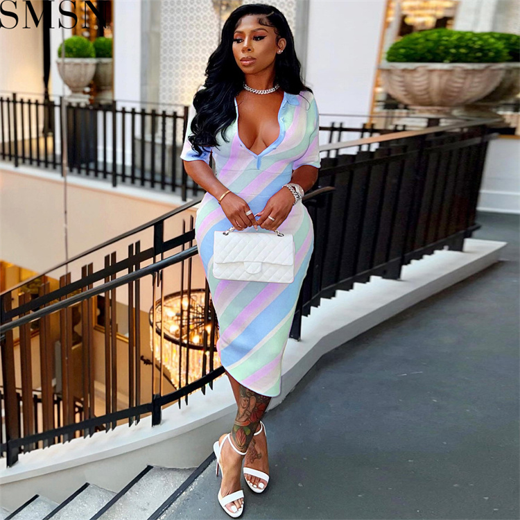 Casual Dress digital stripes contrast color positioning printing skinny V neck button sexy dress