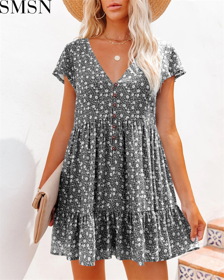 Spring and summer V-neck buttons small floral short sleeve loose casual dress women's clothing plus size casual dress