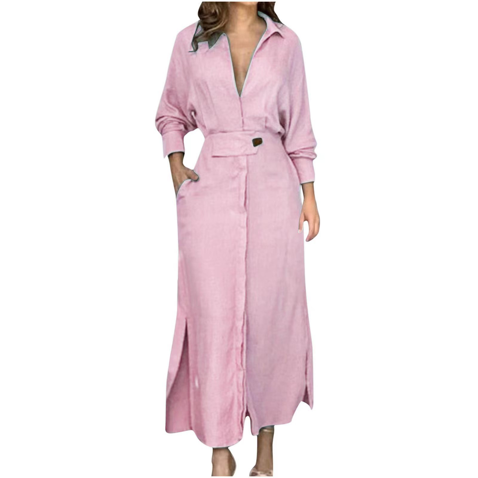Solid Color Shirt Collar Dress Long Sleeved Long Skirt