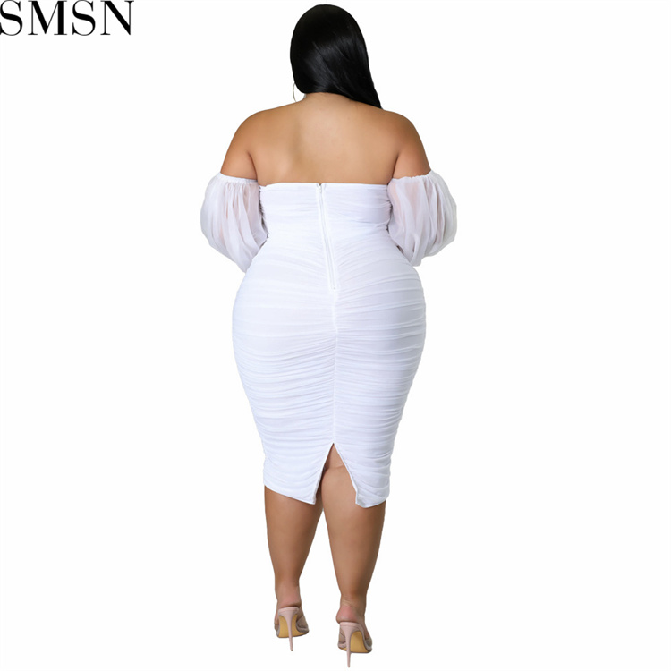 Plus Size Dress autumn new large size women dress skinny mesh pleated long sleeve one step dress