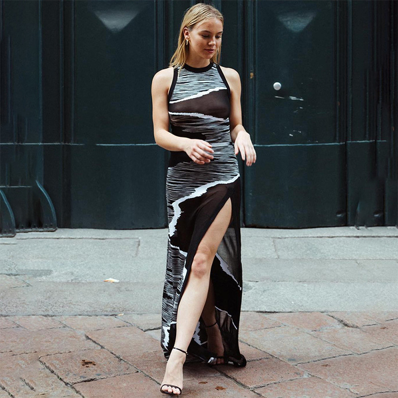 Mesh Printed Sleeveless Round Neck Slim Fitting Slit Long Dress