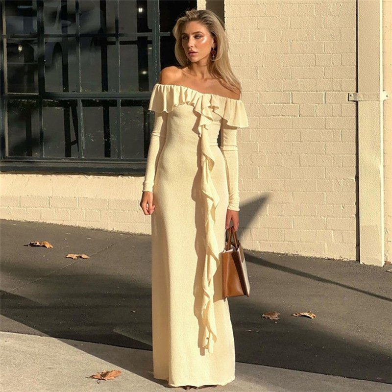 Fashion One Word Neck Temperament Slim Height Slit Legs Show Long Dress Women