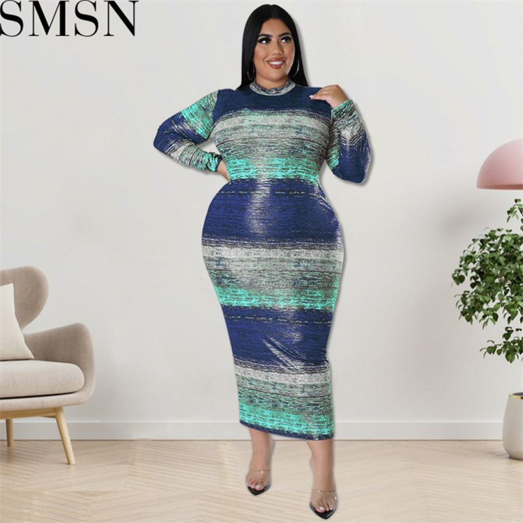 Plus Size Dress European and American fall women clothing wholesale supply long sleeve horizontal stripe dress