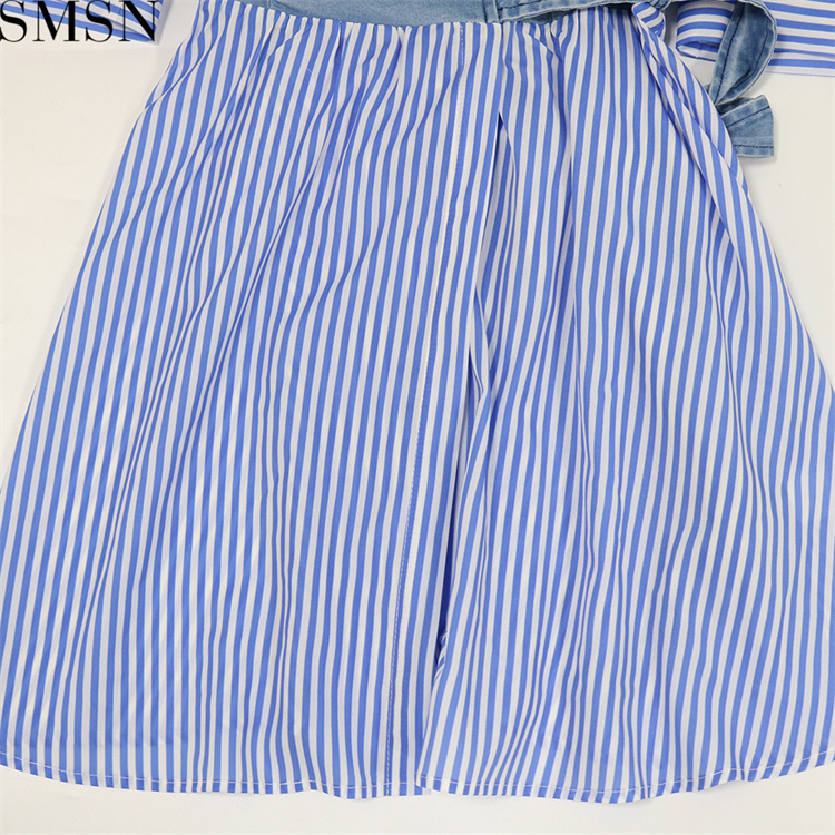 Fashion women dress striped digital printing patchwork stand up collar denim dress