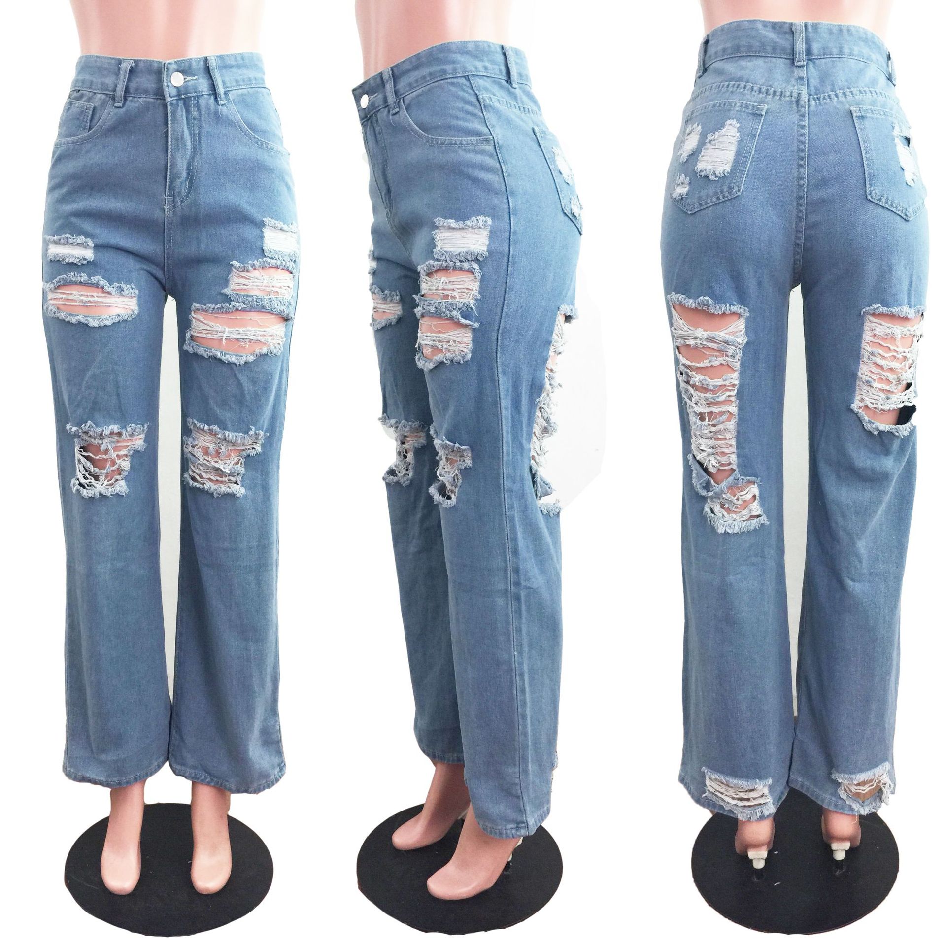Casual loose High Waist Wide Leg Jeans with holes