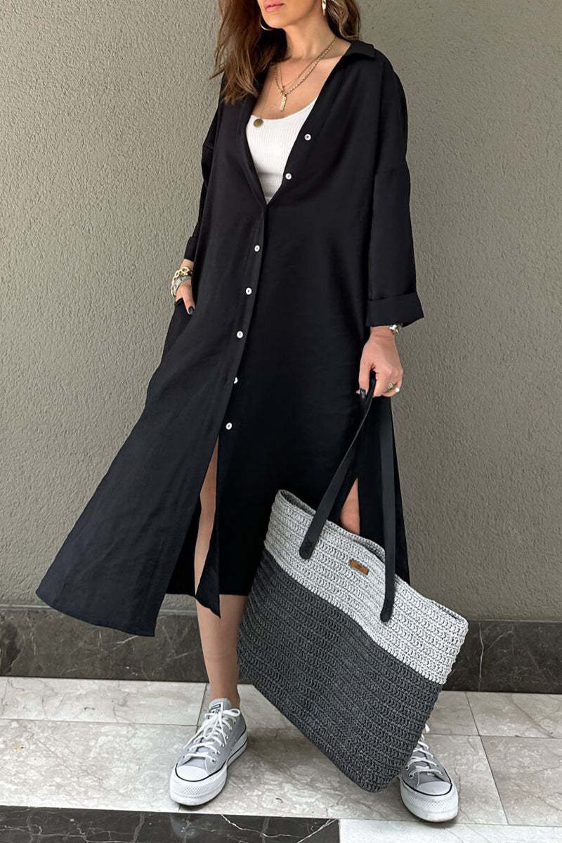 Elegant Casual Loose Long Sleeve Button Pocket Shirt Dress