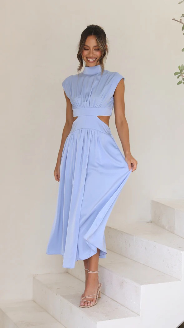 Fashionable Street Stand Collar Solid Color Open Waist Long Dress