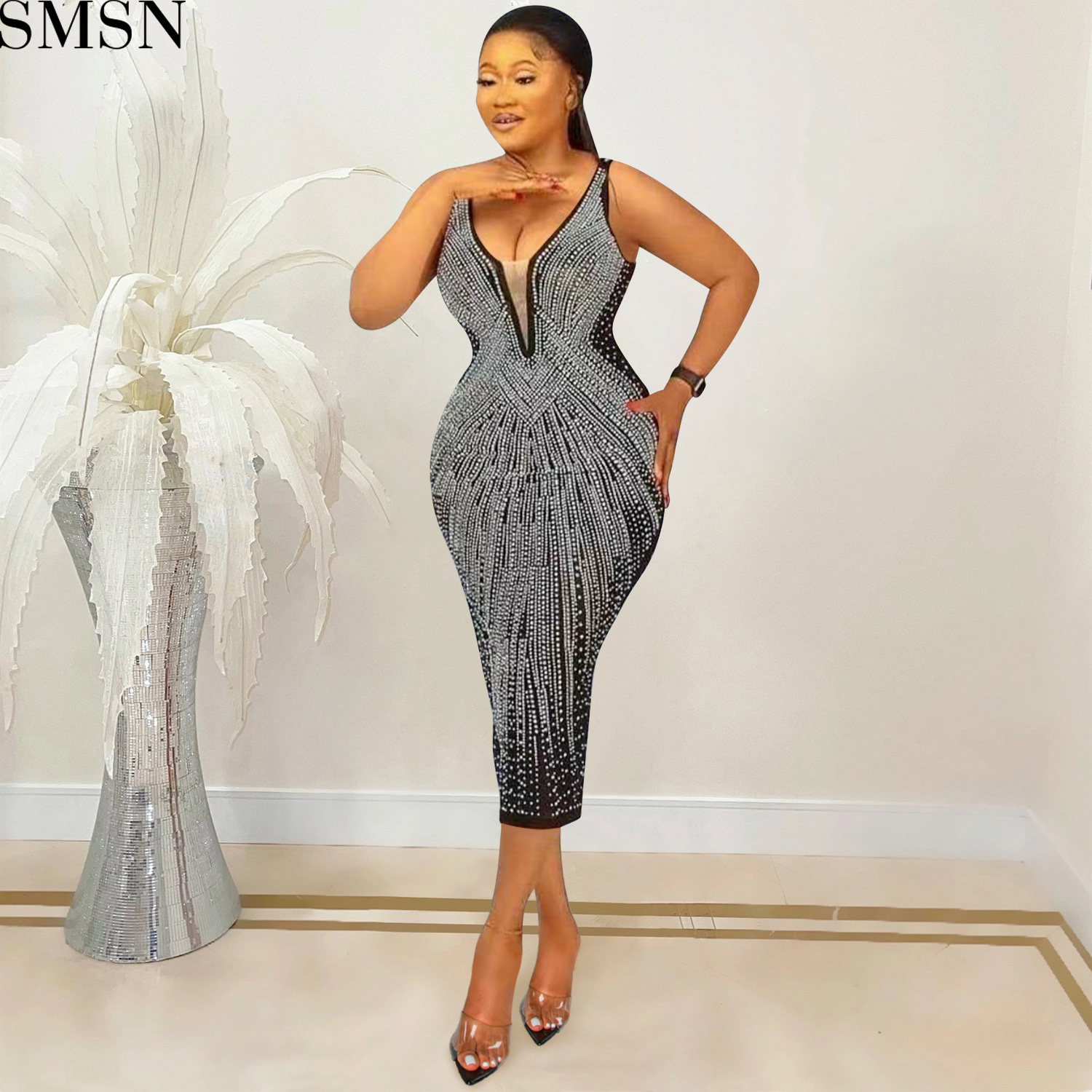 Fashion women dress suspenders sexy tight V-neck rhinestone dress for women plus size casual dress