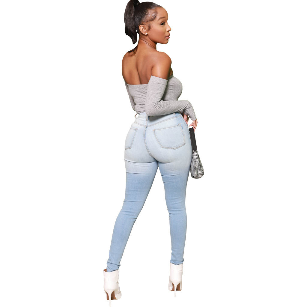 Hole washing slim elastic denim Leggings