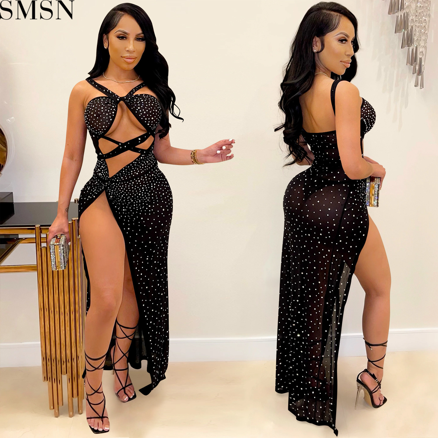 Plus Size Dress new fashion style nightclub mesh hot drilling sexy hollow-out camisole split maxi dress