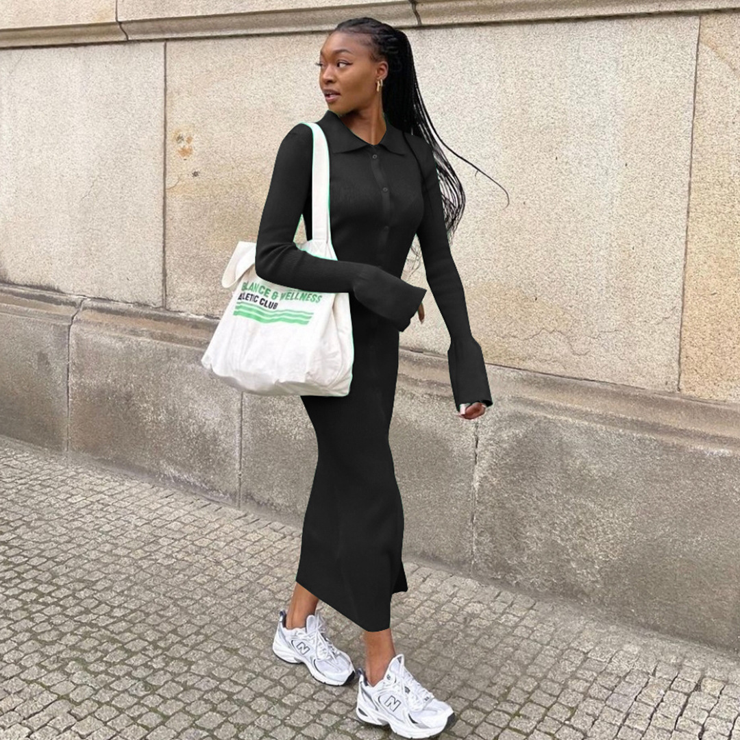 Fashion women dress Amazon long sleeve V neck long button bell sleeve dress sweater