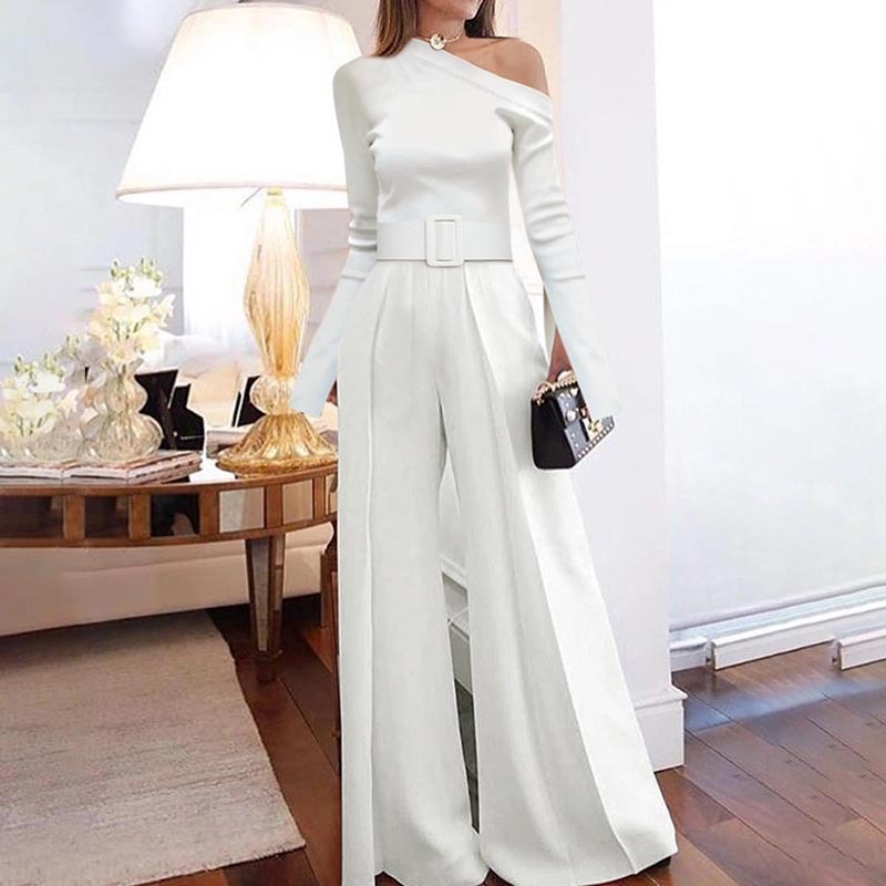 Diagonal neck long-sleeved jumpsuit