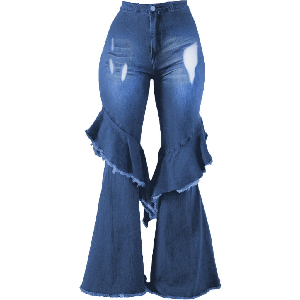 Fashion denim flared pants with hole stitching