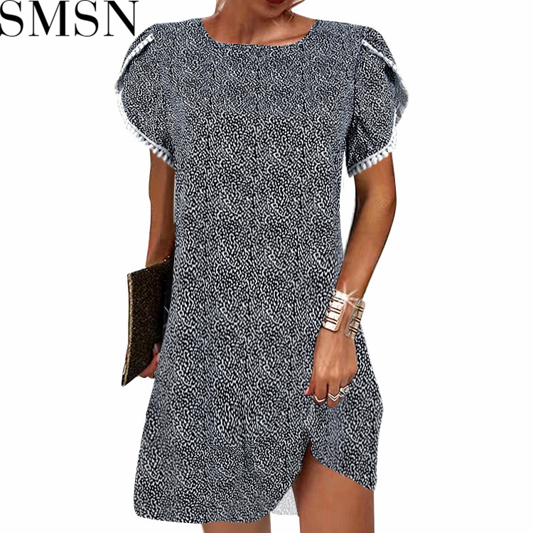 Casual Dress 2022 summer round neck short sleeve loose lace edge ladies floral dress