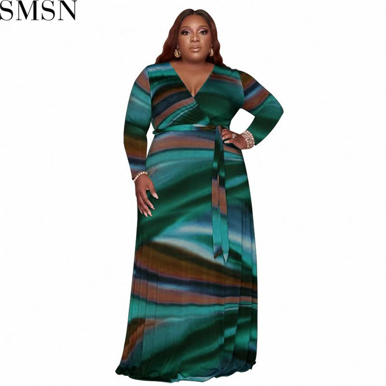 Plus Size Dress Amazon abstract printing with belt deep V neck fashion tight large size dress