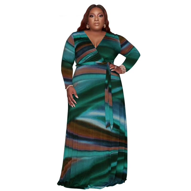 Plus Size Dress Amazon abstract printing with belt deep V neck fashion tight large size dress