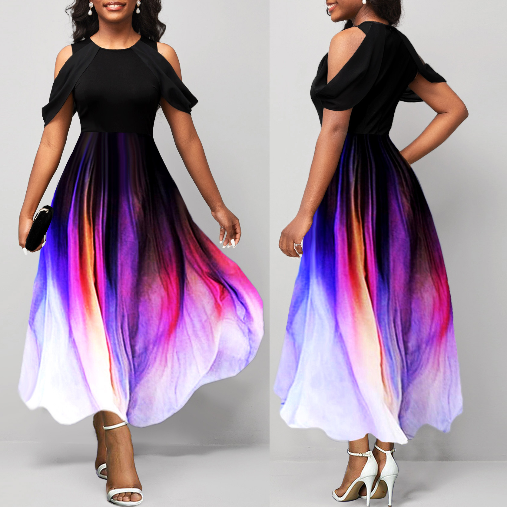 Sexy Off Shoulder Gradient Printed Short Sleeve Long Dress